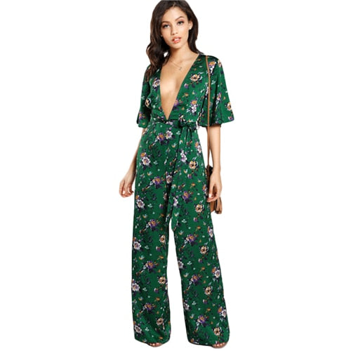 Sexy Jumpsuits for Women Bell Sleeve Plunge Neck Self Belted Palazzo Jumpsuit Multicolor Half Sleeve Floral Jumpsuit