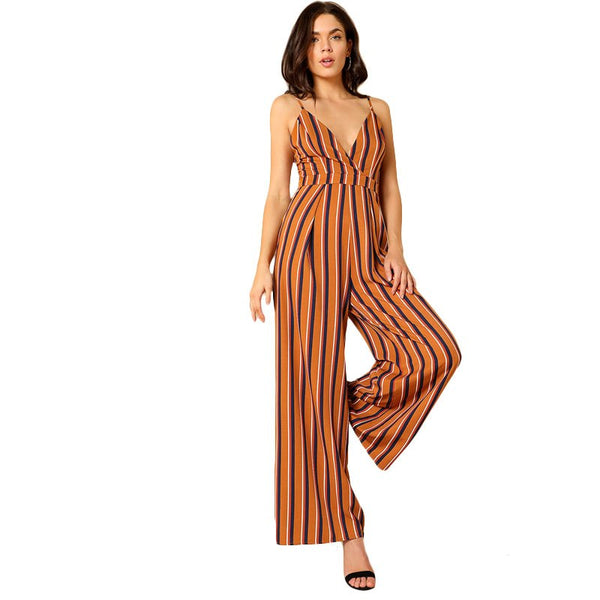 Striped Deep V Neck Wide Leg Jumpsuit 2022 Spaghetti Strap Sleeveless Backless High Waist Zipper Women Sexy Jumpsuit