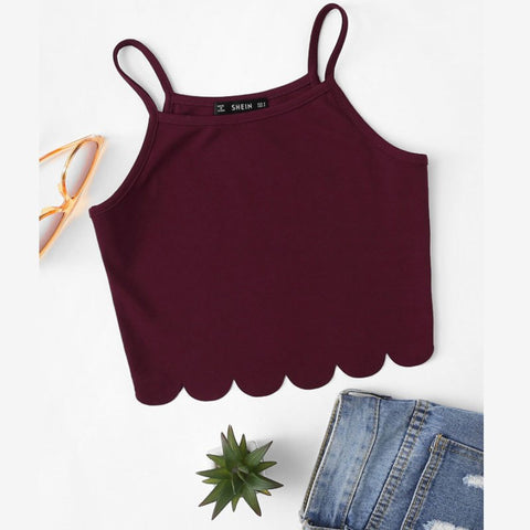 Summer Red Tank Crop Top Vest Woman Vacation Casual Scallop Hem Crop Spaghetti Strap Slim Cami Top