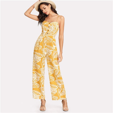 Summer Vacation 2022 Spaghetti Strap Boho High Waist Tropical Palm Leaf Print Shirred Wide Leg Cami Palazzo Women Jumpsuit