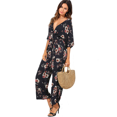 Surplice Neck Wide Leg Maxi Floral Jumpsuit Women Deep V Neck Batwing 3/4 Sleeve Belted Rompers 2022 Elegant Jumpsuit