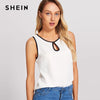 Tank Top Women White Sleeveless Cut Out Summer Round Neck Vest Contrast Binding Keyhole Front Shell Casual Top