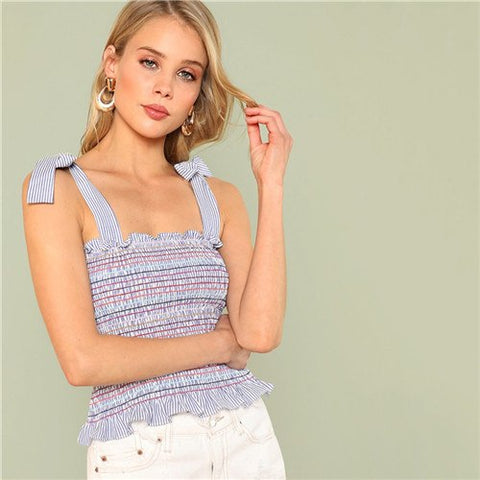 Vacation Streetwear Multicolor Knot Frill Ruffle Striped Self Tie Shoulder Shirred Striped Women Boho Cami Summer Top