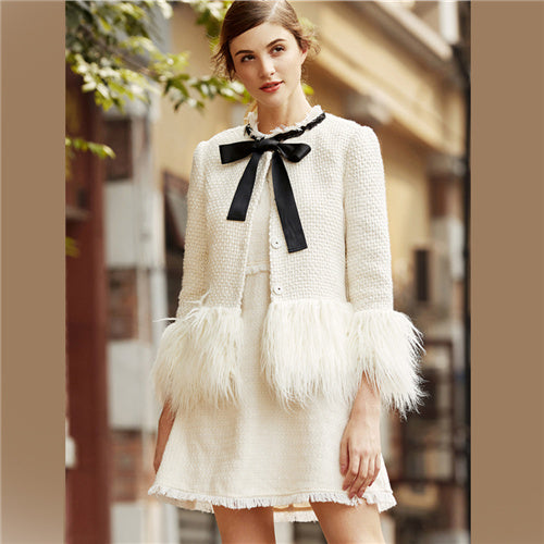 White Elegant Office Lady Faux Fur Trim Tweed Bow Neck Single Breasted Highstreet Blazer Autumn Women Workwear Blazers