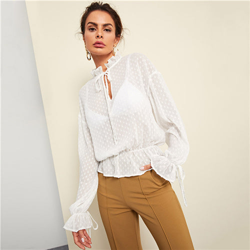 White Elegant Office Lady Tie Neck Flounce Semi Sheer Jacquard Minimalist Ruffle Shirt Autumn Women Tops And Blouses