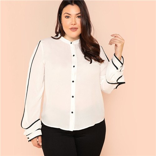 White Elegant Stand Collar Long Sleeve Black Stripe Trim Plus Size Women Blouses 2022 Autumn New Office Lady Button Shirts