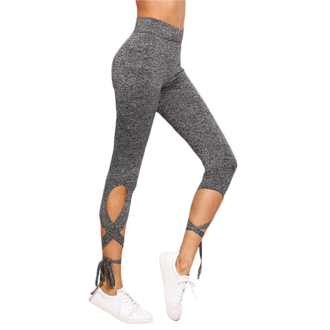 Women Pants Trousers for Ladies Fitness Plain Light Grey High Waist Crisscross Tie Fitness Elastic Leggings
