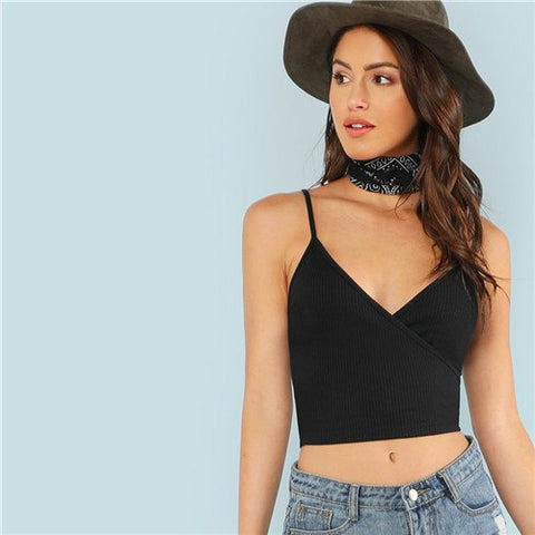 Women Summer Black V Neck Stretchy Sexy Crop Top 2022 Casual Clubwear Backless Surplice Wrap Solid Slim Fit Short Cami Top