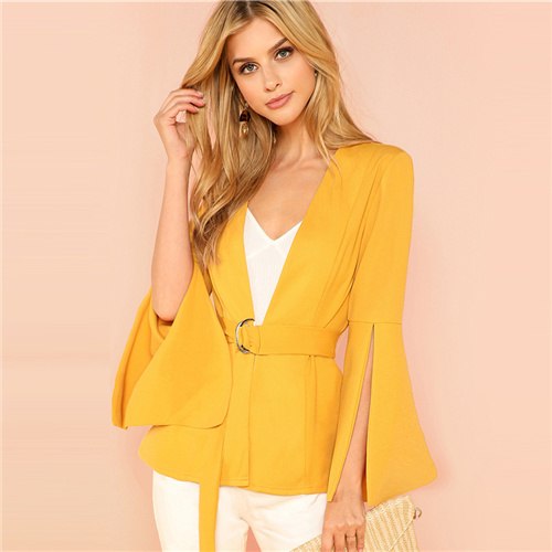 Yellow Split Sleeve Belted Outerwear Office Ladies Long Sleeve Plain Wrap Workwear Coat Women Autumn Elegant Clothes