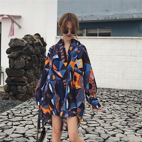 2022 Autumn New Fashion Turn Down Collar Loose Print Long Sleeve Printed Long Shirt Women's Blouse Famle WB024