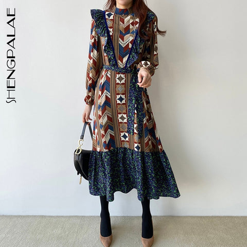 SHENGPALAE 2022 Spring Autumn Women Vintage Loose High Waist Slim Was Thin Elegant Hit Color Splice Ruffles Maxi Dress ZA557