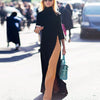 SHENGPALAE 2022 Spring Black Turtleneck Three Quarter Sleeve Split Hem Woman Floor-length Dress Female SC312