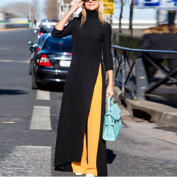 SHENGPALAE 2022 Spring Black Turtleneck Three Quarter Sleeve Split Hem Woman Floor-length Dress Female SC312
