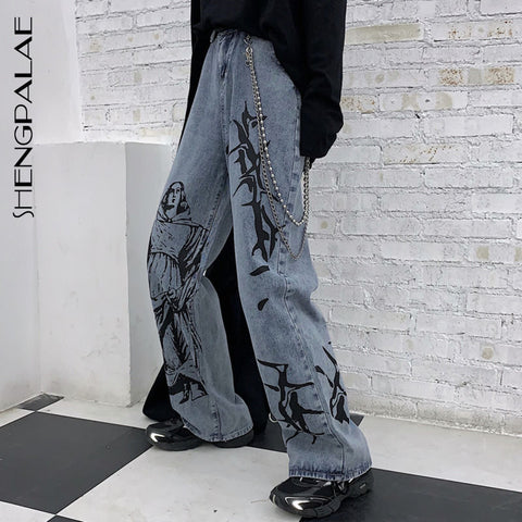 SHENGPALAE 2022 Summer Ins Street Hip-hop Printing Wash Jeans Loose Casual Denim Wide Leg Pants Tide Woman ZA4395