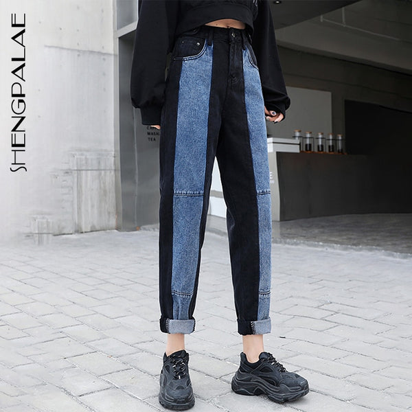 SHENGPALAE Autumn 2022 Women's High Waisted Jeans Loose Wide Leg All-match Contrast Color Stitching Straight Cowboy Pants 5A333