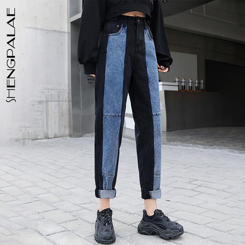 SHENGPALAE Autumn 2022 Women's High Waisted Jeans Loose Wide Leg All-match Contrast Color Stitching Straight Cowboy Pants 5A333