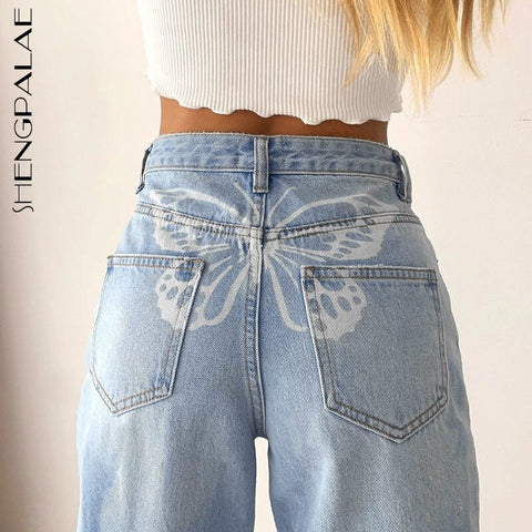 SHENGPALAE Butterfly Print Jeans Women's Spring 2022 High Waist Straight Casual Streetwear Denim Pants Female Trendy 5B418