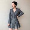 SHENGPALAE Chic Metal Chain Single Button Short Blazer And High Waist Pleated Contrast Color Mini Skirt For Women 5E3375