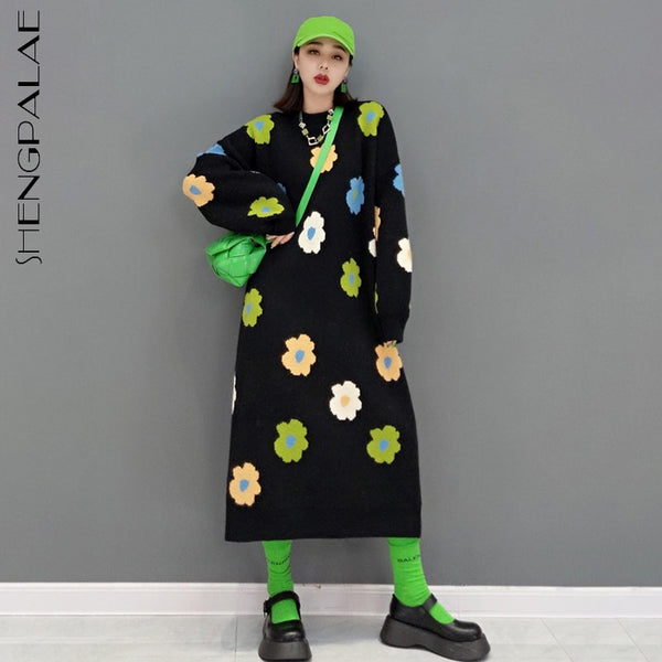 SHENGPALAE Floral Knitted Derss Women's Spring 2023 Round Neck Loose Long Sleeve Mid-calf Dresses Female Tide 5E6691