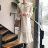 SHENGPALAE Lace Derss Women's Autumn 2022 Peter Pan Collar Loose Long Sleeve Mid-calf Flounced Edge Dresses Female