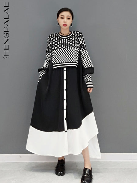 SHENGPALAE Plaid Sweater Spliced Contrast Color Derss Women's Spring 2023 O-neck Loose Long Sleeve Mid-calf Dresses