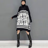SHENGPALAE Printed Blue Knitted Dress Women's Winter 2022 Turtleneck Loose Long Sleeve Knee-length Dresses Female