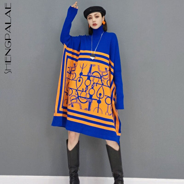 SHENGPALAE Printed Blue Knitted Dress Women's Winter 2022 Turtleneck Loose Long Sleeve Knee-length Dresses Female