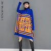 SHENGPALAE Printed Blue Knitted Dress Women's Winter 2022 Turtleneck Loose Long Sleeve Knee-length Dresses Female