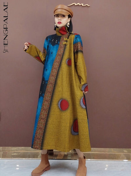 SHENGPALAE Printed Dress Women's Spring 2022 Stand Collar Loose Long Sleeve Mid-calf Tweed Dresses Female Tide