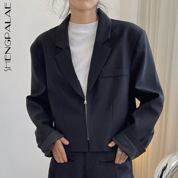 SHENGPALAE Temperament Black Blazer Women's Autumn 2022 Notched Loose Zipper Long Sleeve Short Suit Jacket 5E2839