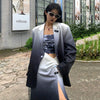 SHENGPALAE Gradient color single button long sleeve loose blazer and high waist folds split mid-calf skirt for women in autumn