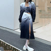 SHENGPALAE Gradient color single button long sleeve loose blazer and high waist folds split mid-calf skirt for women in autumn