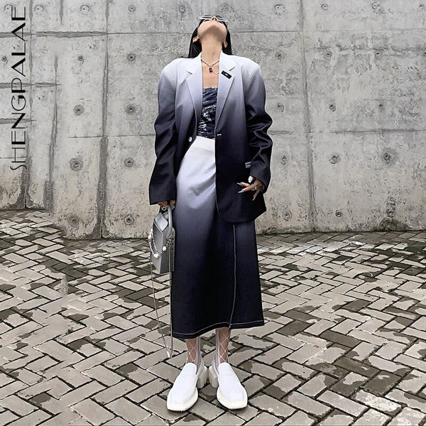 SHENGPALAE Gradient color single button long sleeve loose blazer and high waist folds split mid-calf skirt for women in autumn