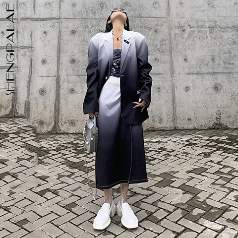 SHENGPALAE Gradient color single button long sleeve loose blazer and high waist folds split mid-calf skirt for women in autumn