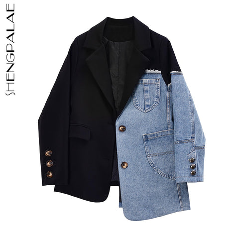 SHENGPALAE Vintage Denim Spliced Blazer Women's Autumn 2022 Notched Loose Single Breasted Long Sleeve Suit Coat Female 5E146