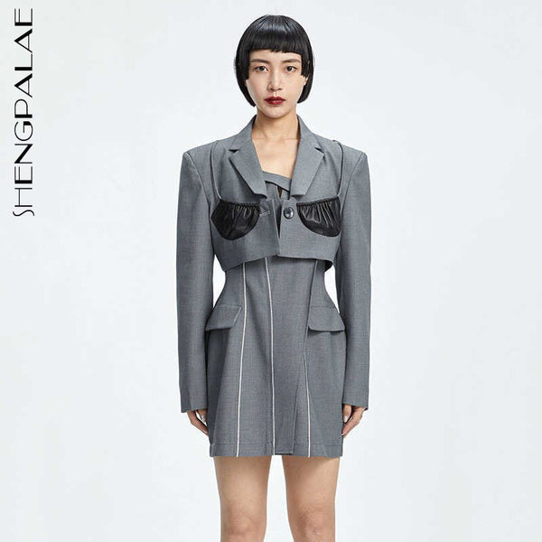 SHENGPALAE Women Gray Spliced Single Button Blazer Spring Autumn 2022  Lapel Long Sleeve Loose Fit Jacket Tide