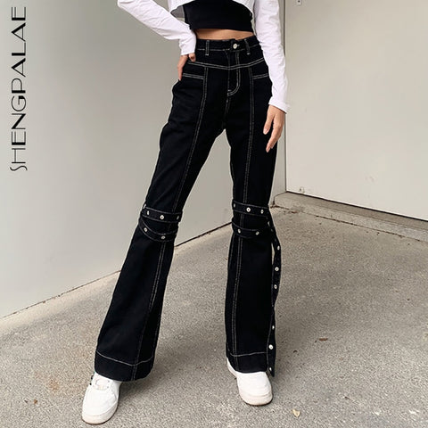 SHENGPALAE bandage decorative denim pants women's spring 2022 high waist open line straight jeans female streetwear 5B519