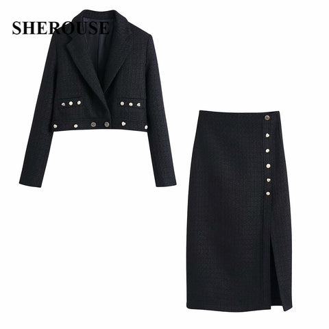 SHEROUSE Two piece set Women suits Cropped Blazer High Midi Skirt Elegant Chic Lady 2 piece set Woman blazer set