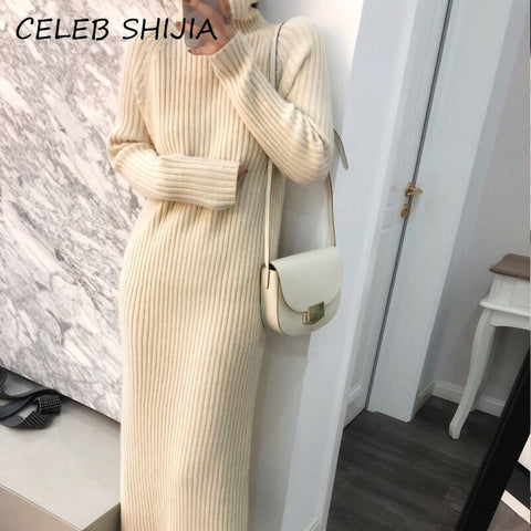 SHIJIA Apricot Solid Elegant Long Knitted Dress For Woman Full-sleeve Gray Turtleneck Warm Sweater Dress Female Autumn 2022