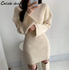 SHIJIA Autumn Apricot Knitted Dress Female O-neck Elegant Mini Bodycon Dress Korean Style Slim Waist Sweater Dresses Ladies