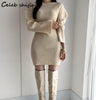 SHIJIA Autumn Apricot Knitted Dress Female O-neck Elegant Mini Bodycon Dress Korean Style Slim Waist Sweater Dresses Ladies