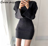 SHIJIA Autumn Apricot Knitted Dress Female O-neck Elegant Mini Bodycon Dress Korean Style Slim Waist Sweater Dresses Ladies