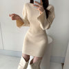 SHIJIA Autumn Apricot Knitted Dress Female O-neck Elegant Mini Bodycon Dress Korean Style Slim Waist Sweater Dresses Ladies