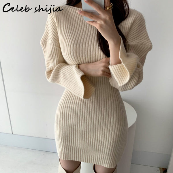 SHIJIA Autumn Apricot Knitted Dress Female O-neck Elegant Mini Bodycon Dress Korean Style Slim Waist Sweater Dresses Ladies