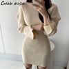 SHIJIA Autumn Apricot Knitted Dress Female O-neck Elegant Mini Bodycon Dress Korean Style Slim Waist Sweater Dresses Ladies