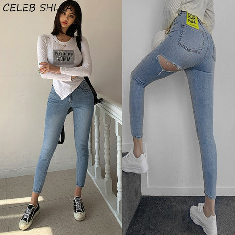 SHIJIA CHIC Denim Jeans for Woman High Waist Elastic Korea Skinny Jeans Mom Pantalones Vaqueros Mujer Hole Sexy Pants