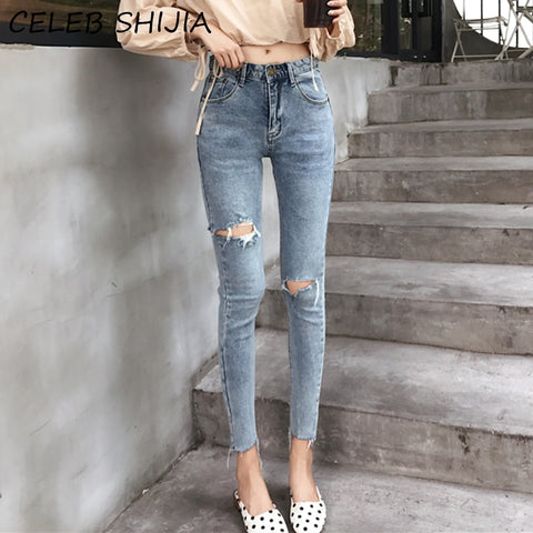 SHIJIA High Waist Elastic Skinny Jeans Woman Hole Ripped Denim Pencil Jeans Female Light Blue Vintage Bottoms Femme Chic 2022