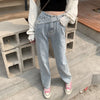 SHIJIA Inclined Belt Woman Jeans Vintage Blue Korean High Waisted Straight Leg Denim Pants Female Fall Y2k Jeans Mom
