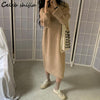 SHIJIA Khaki Long Knitted Dress Woman Autumn Winter 2022 Korean Sweater Dress Vestido Female O-neck Long Sleeve Knitwear