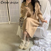 SHIJIA Khaki Long Knitted Dress Woman Autumn Winter 2022 Korean Sweater Dress Vestido Female O-neck Long Sleeve Knitwear